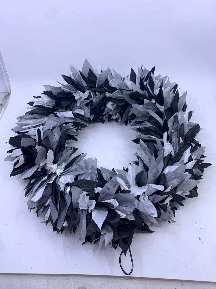 BLACK AND WHITE FAUX FEATHER WREATH.