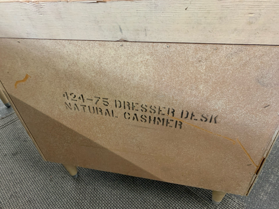 VTG BLONDE DESK W 3 DRAWERS.