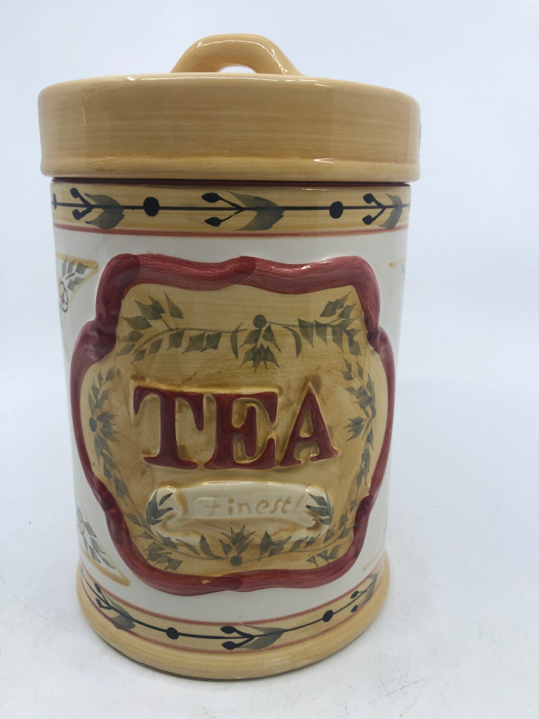 TEA CERAMIC CANISTER YELLOW+ RED FLORAL DESIGN.