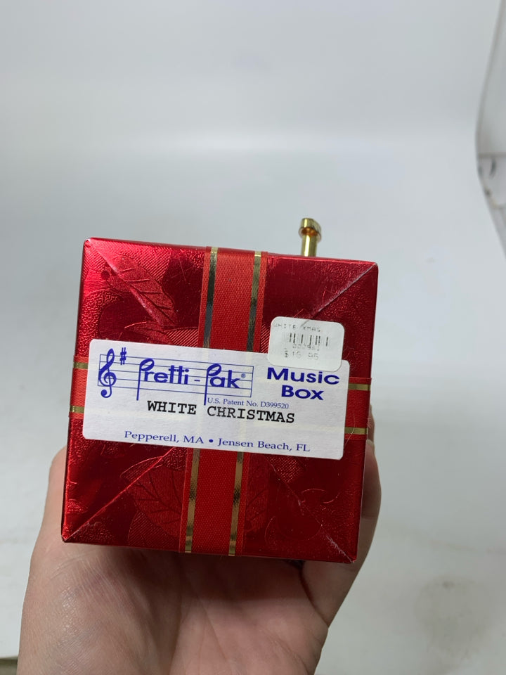 RED WRAPPED PRESENT "WHITE CHRISTMAS" MUSIC BOX.