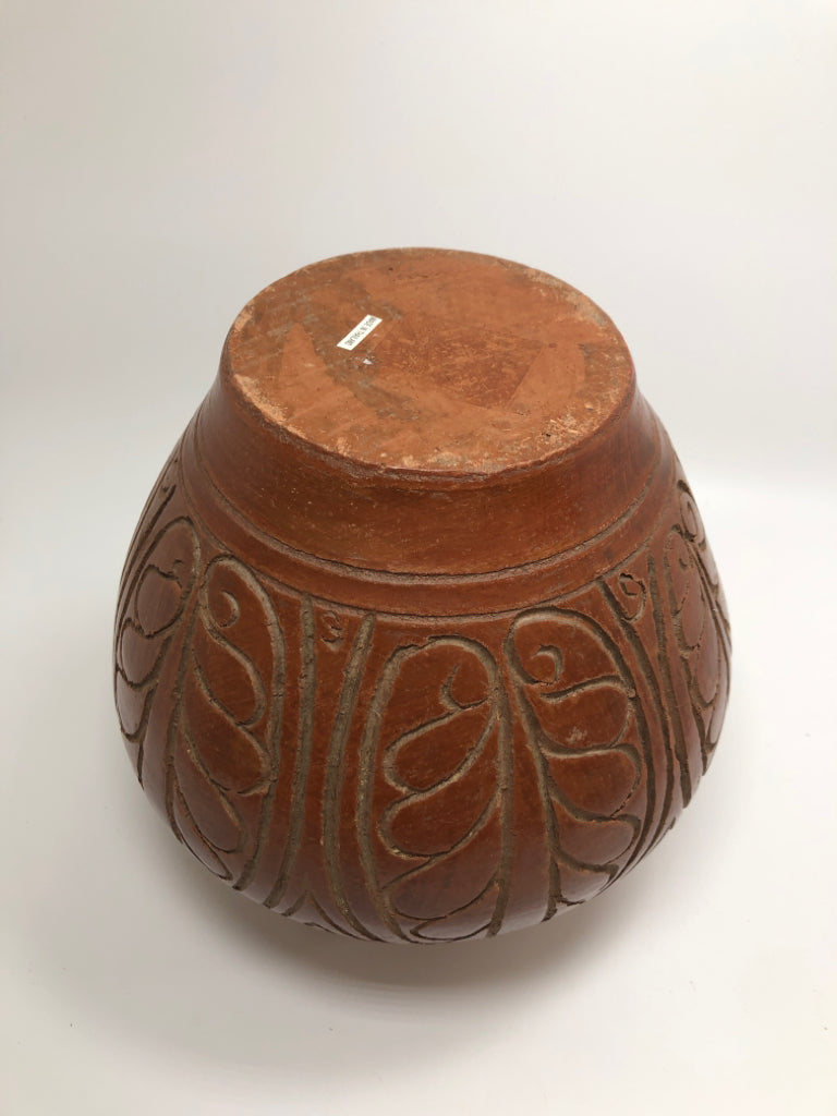 HEAVY RED CARVED POTTERY VASE.