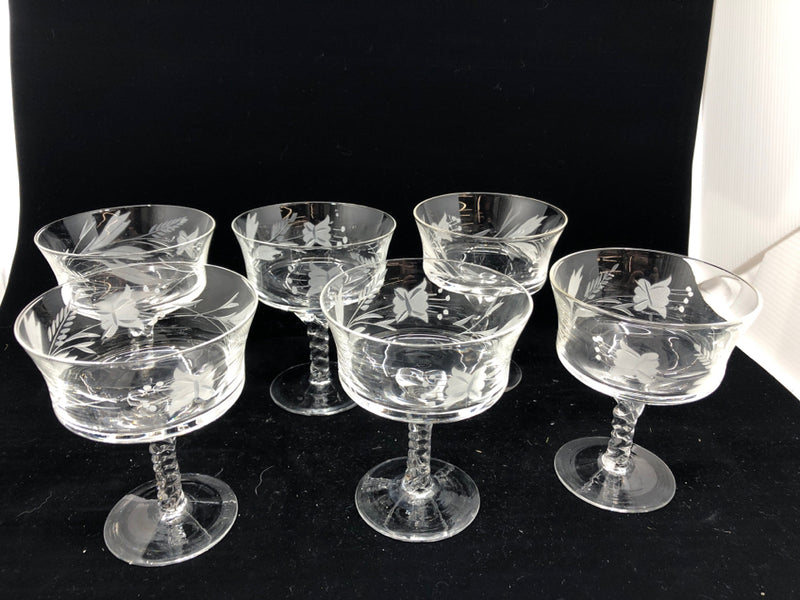 6 ETCHED FLOWERS DESSERT GLASSES W/ TWISTED STEM.