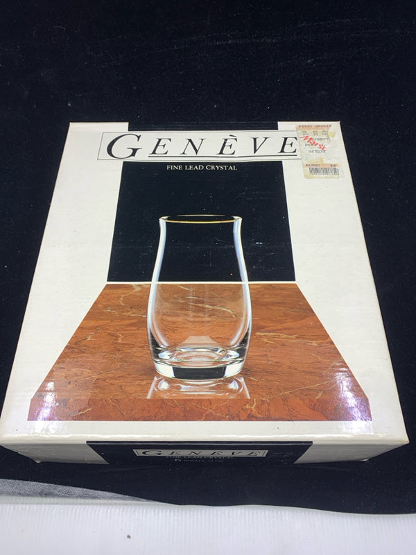 6 NIB GENEVE CLEAR GLASS W/GOLD RIM.