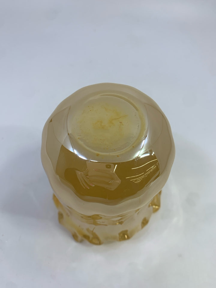 AMBER BLOWN GLASS VASE W/HANDKERCHIEF EDGE.