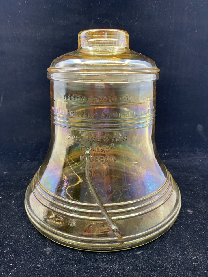 IRIDESCENT LIBERTY BELL BICENTENNIAL GLASS COOKIE JAR.