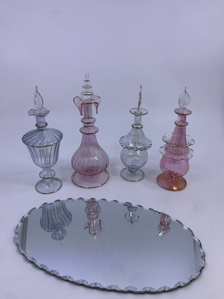 5PC PERFUME SET W/MIRROR & GLASS TRAY ESSENCE COLLECTION.