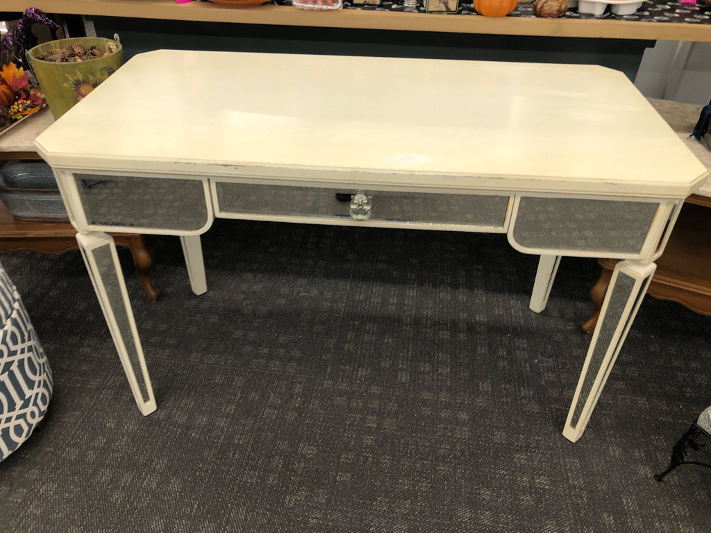 CREAM DISTRESSED PIER 1 DESK W/MIRRORED LEGS & DRAWER.