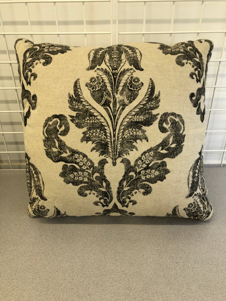 BLACK & CREAM DAMASK DECORATIVE PILLOW.