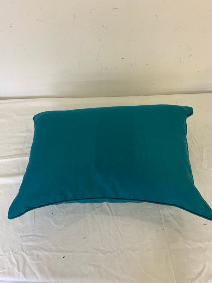 FOLLOW YOUR HEART TEAL PILLOW W/GOLD ARROW.