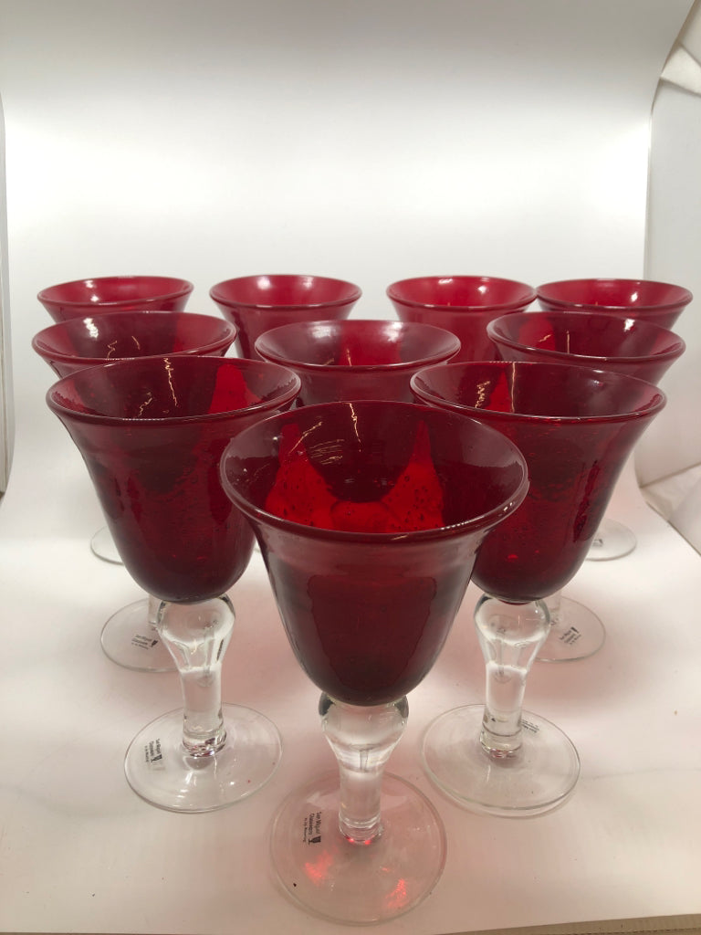 10 RED BUBBLE GLASS GOBLETS.