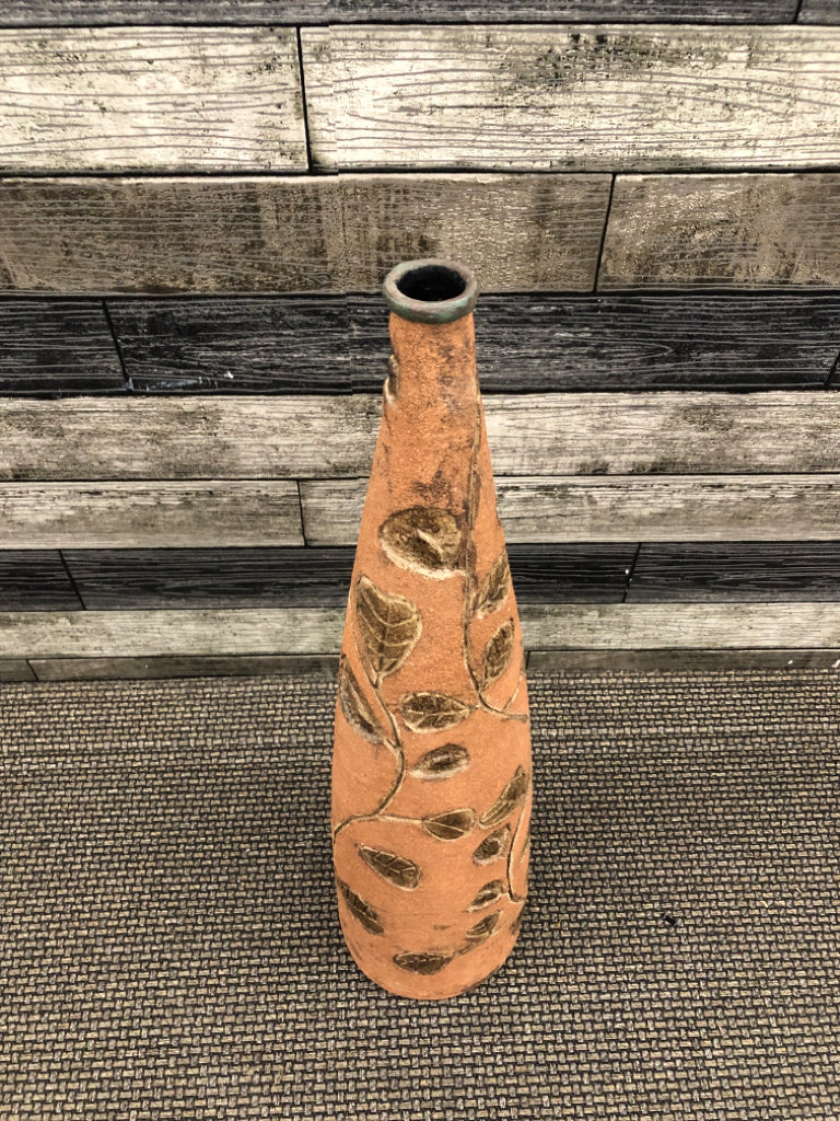 TERRA COTTA LEAF CARVED FLOOR VASE.