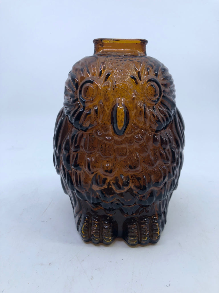 BROWN GLASS OWL PIGGY BANK.