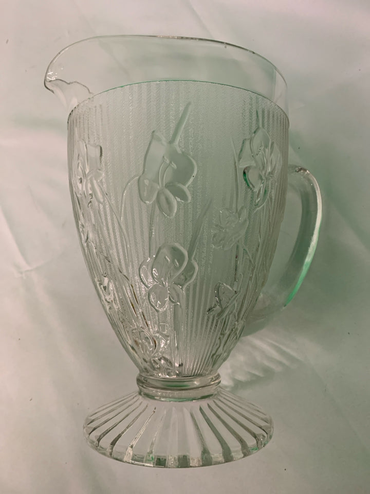 FLORAL ETCHED FOOTED PITCHER.