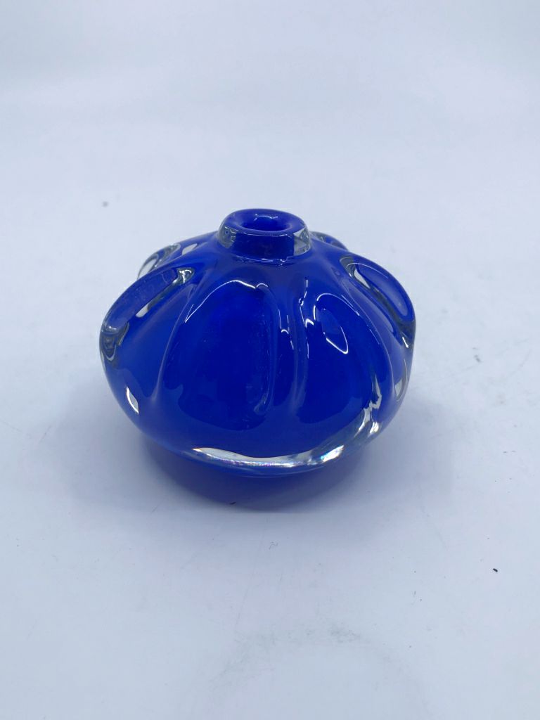 BLUE GLASS BUD VASE- SIGNED.