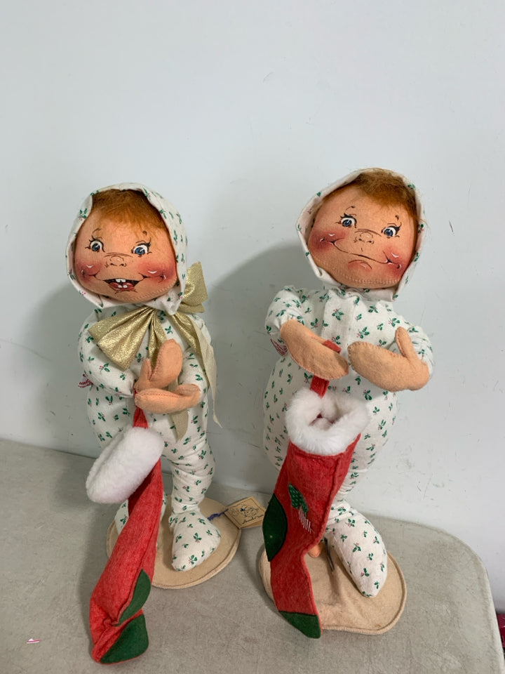 2 VTG LARGE ANNALEE MOBILITEE BOY/GIRL PJ'S STANDING WIRE POSABLE.