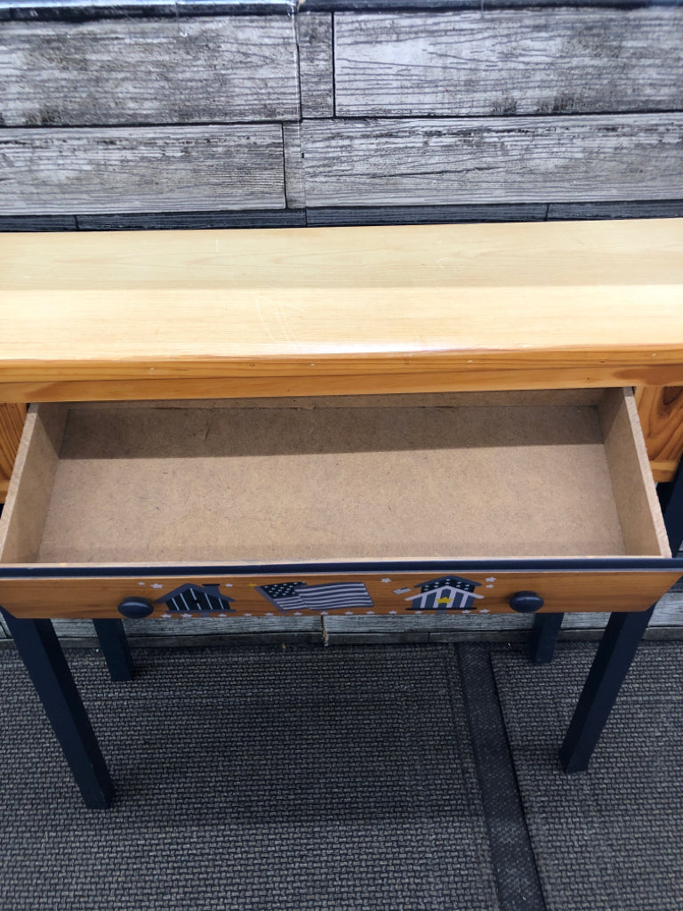 WOOD FLAG+ BIRDHOUSE CONSOLE TABLE W-BLUE LEGS.