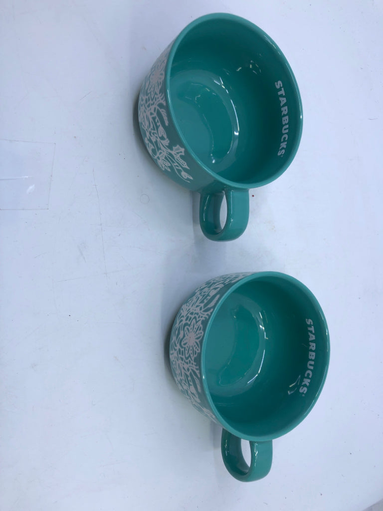 2 TEAL MUGS WHITE LACE-STARBUCKS.