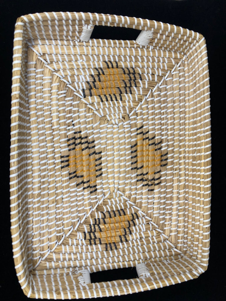 SHALLOW WOVEN BASKET W/WHITE BRAIDING.