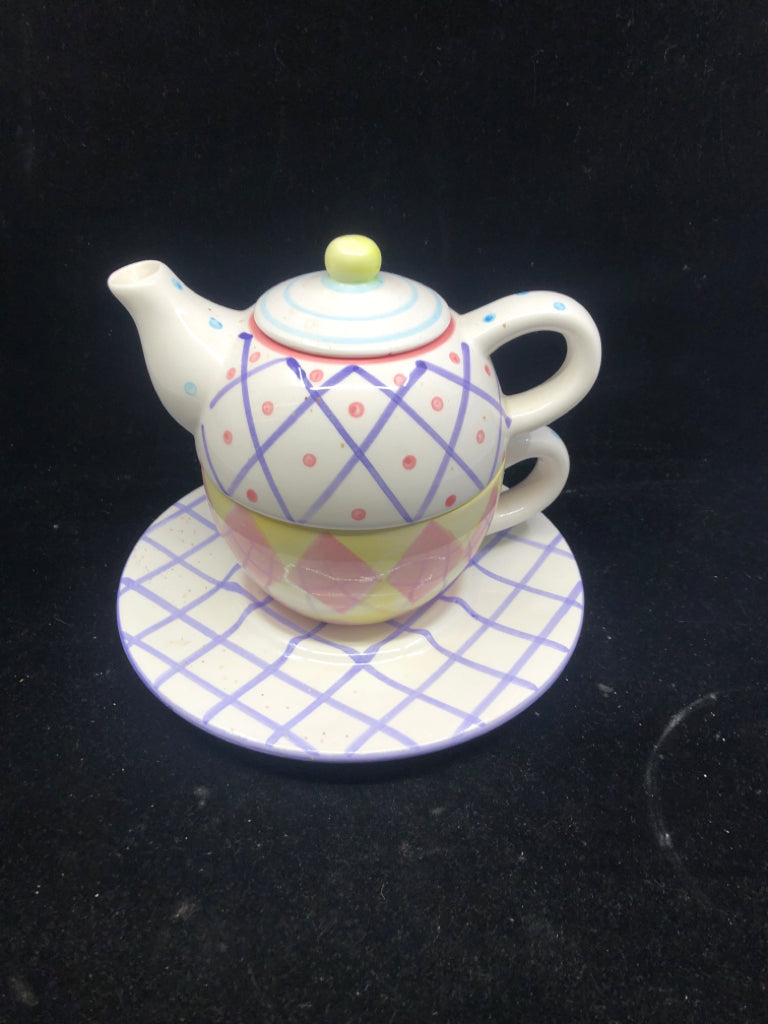 3PC PASTEL TEA FOR ONE- CUP, TEAPOT, SAUCER.