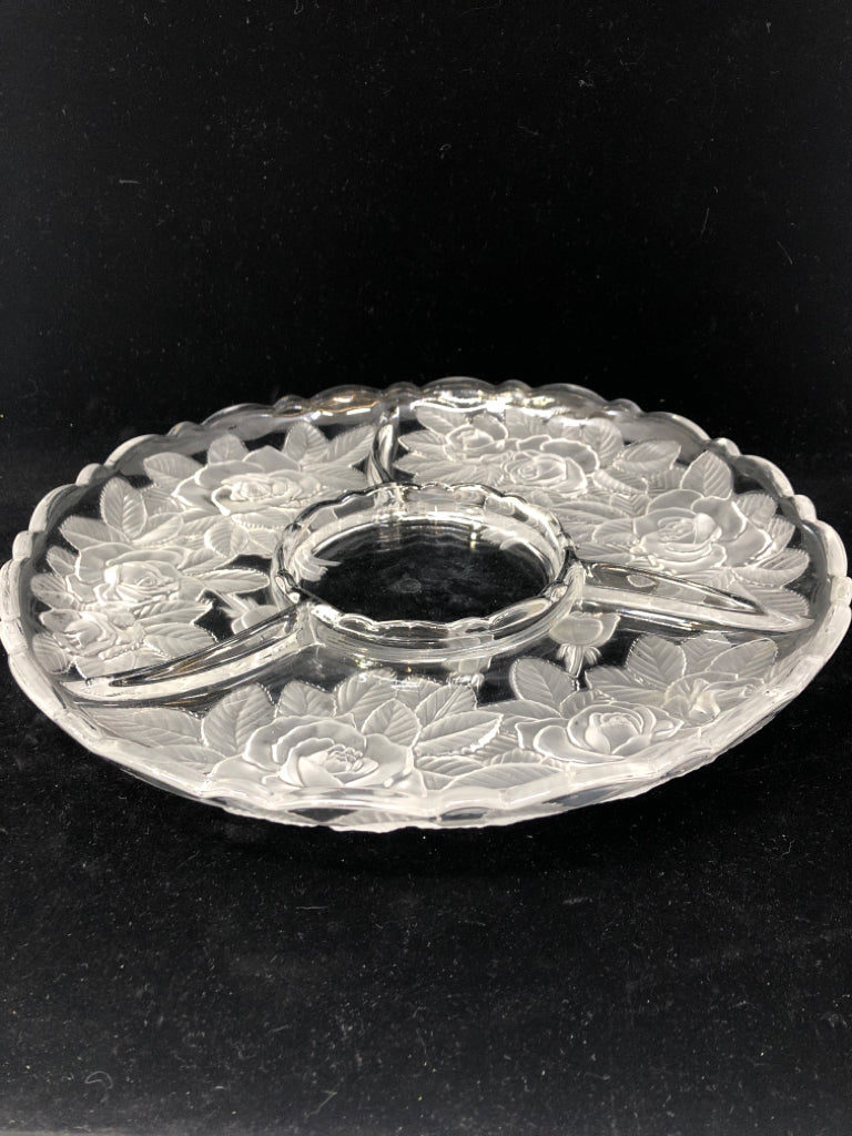 CLEAR GLASS 4 SECTION SERVING PLATE W/FROSTED FLOWER DESIGN.