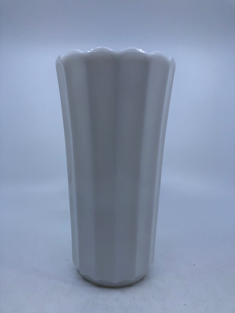 VTG MILK GLASS SCALLOP EDGE VASE.