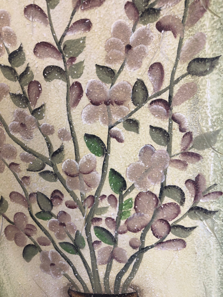 PINK FLORALS IN BROWN VASE ON TEXTURED CANVAS.