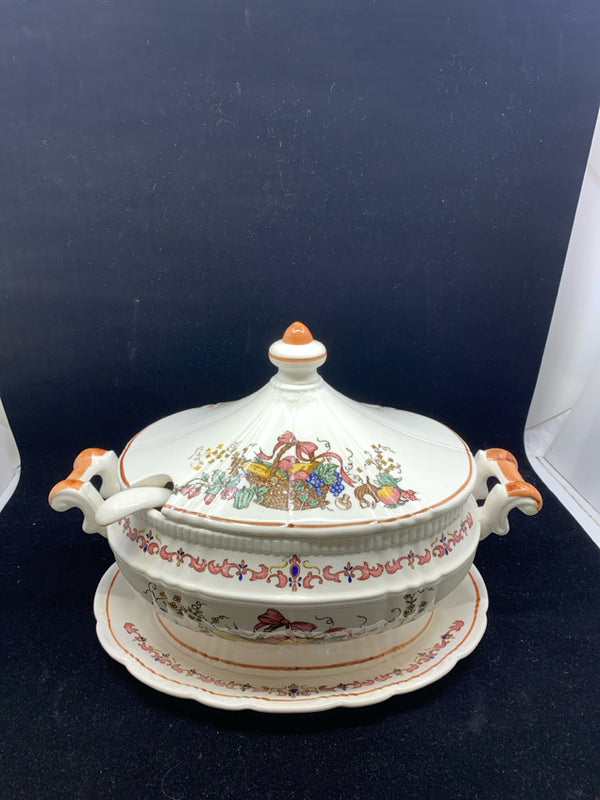 3PC WHITE FRUIT PAINTED SOUP TUREEN-PLATE, SOUP TUREEN, LADLE SPOON.