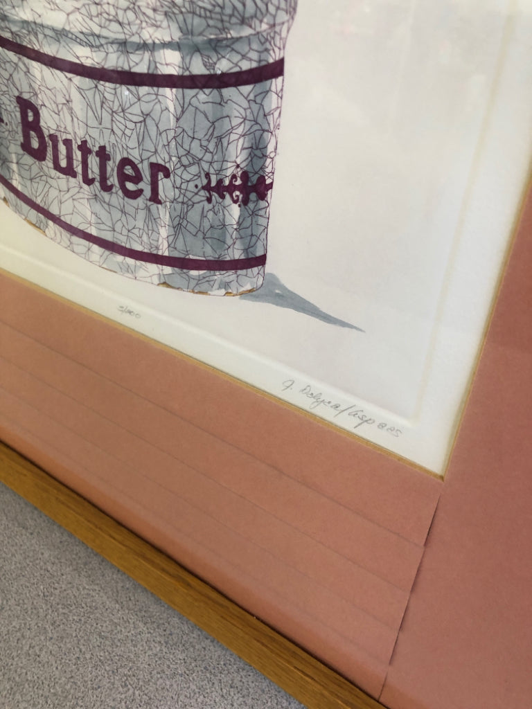 PINK FLORAL IN BUTTER TUB "CROCKFUL" FRAMED ART- SIGNED.