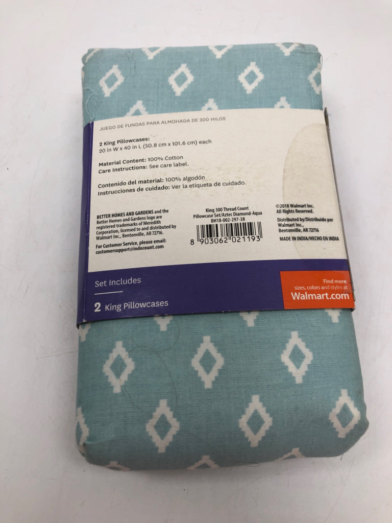 BLUE COTTON DAMASK KING PILLOW CASES.