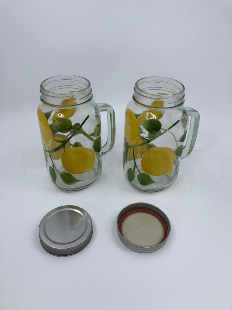2 LEMON MASON JAR GLASSES WITH LIDS