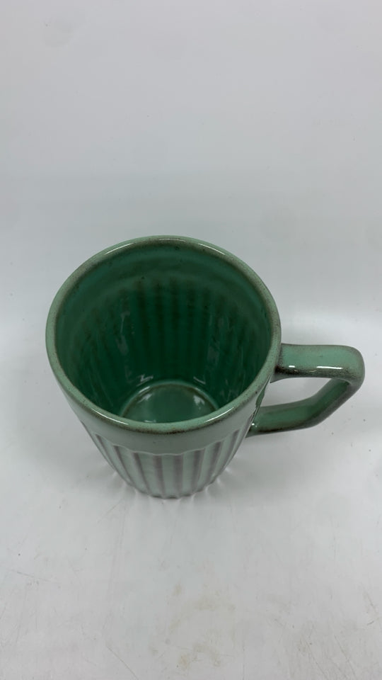 TEAL GLAZE RIBBED POTTERY MUG.