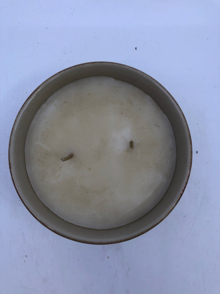 CERAMIC FOOTED TAN BOWL W/ CANDLE.