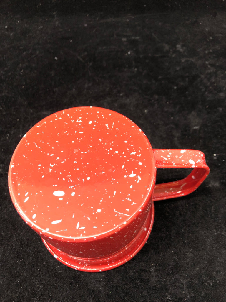 RED TIN MUG W/WHITE SPECKLES.
