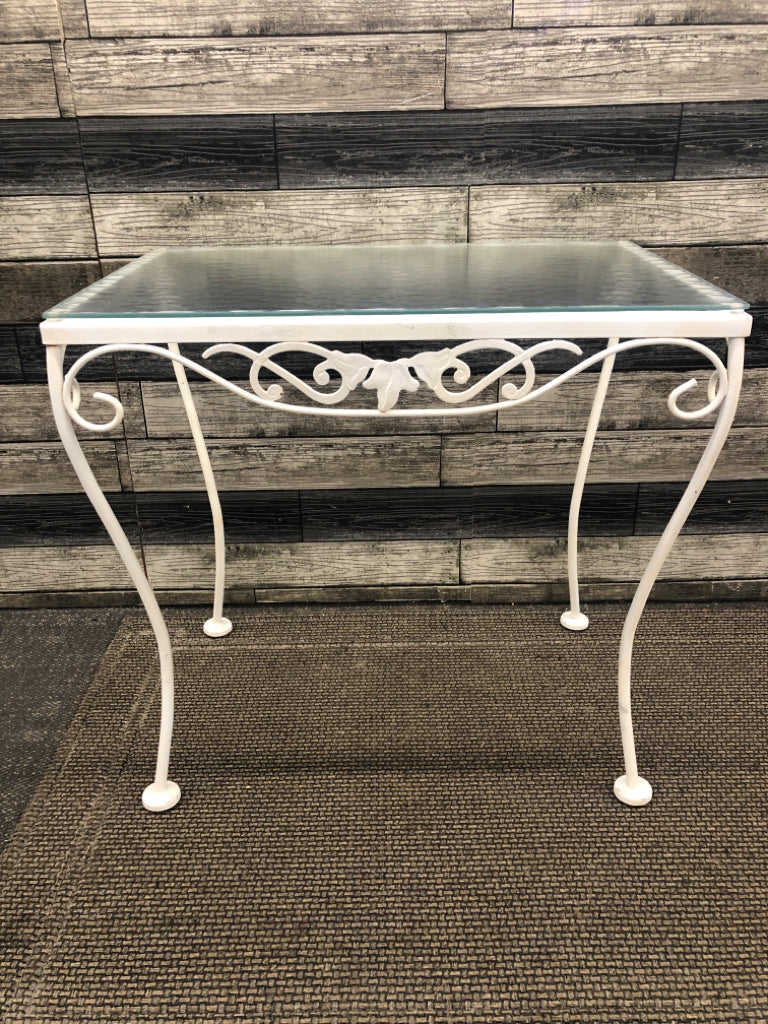 GLASS TOP WHITE METAL BASE RECTANGLE OUTDOOR TABLE.