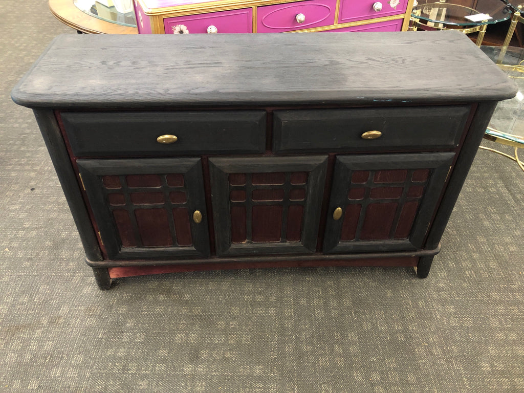 RUSTIC BUFFET TABLE 2 DRAWERS 3 LOWER CABINETS MATTE BLACK W/ DARK RED DETAILS B