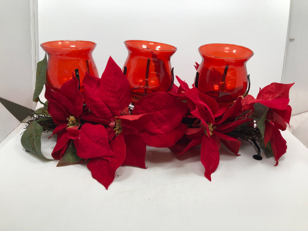 FAUX POINSETTIA VOTIVE CENTERPIECE RED GLASS VOTIVE HOLDERS.