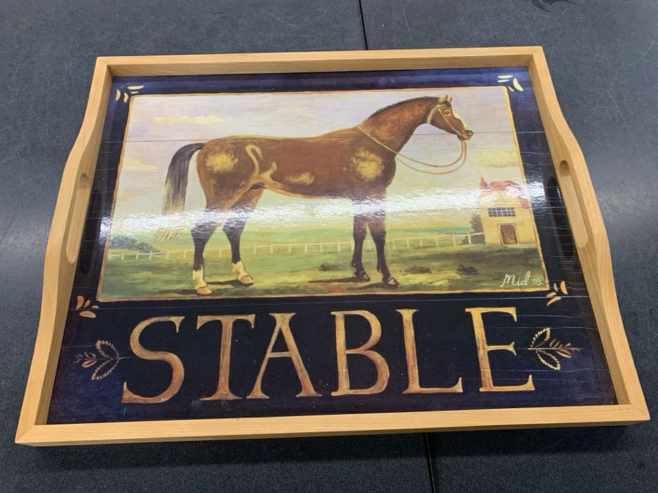 LARGE TRAY W/ HORSE/STABLE W/ HANDLES WOOD EDGE.