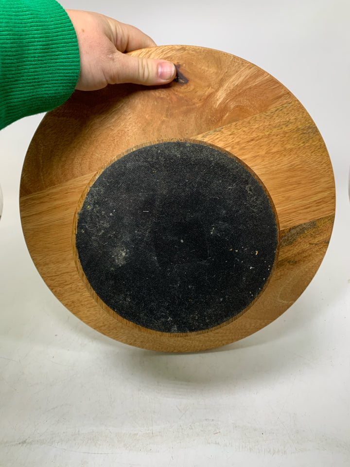 WOOD FOOTED CAKE STAND.