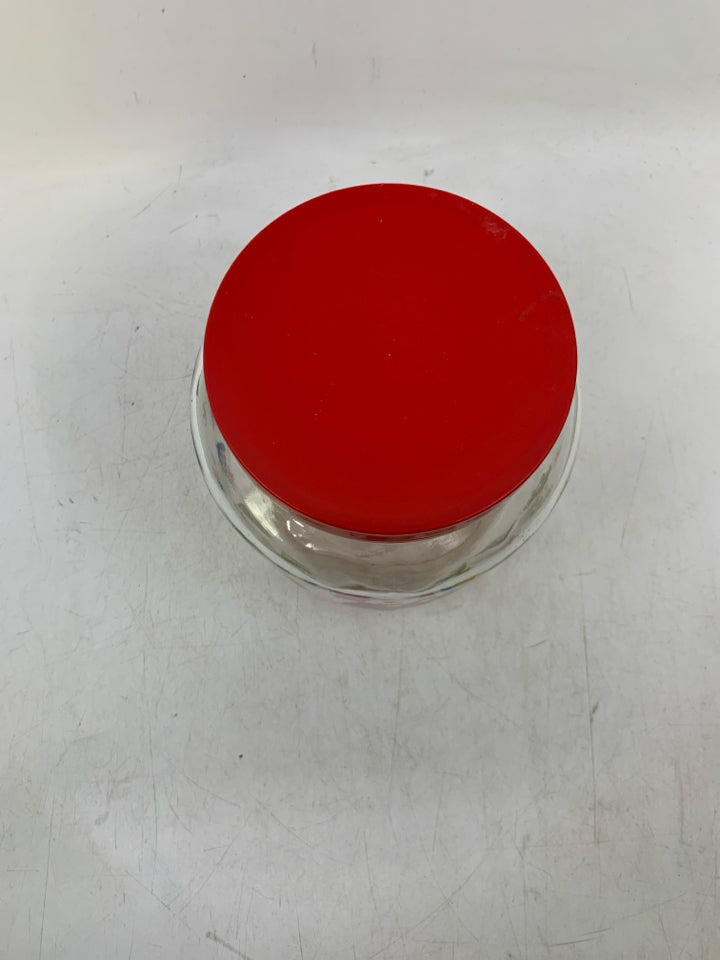 CLEAR GLASS W/ RED LID & PRINTED SANTA/ TREES.