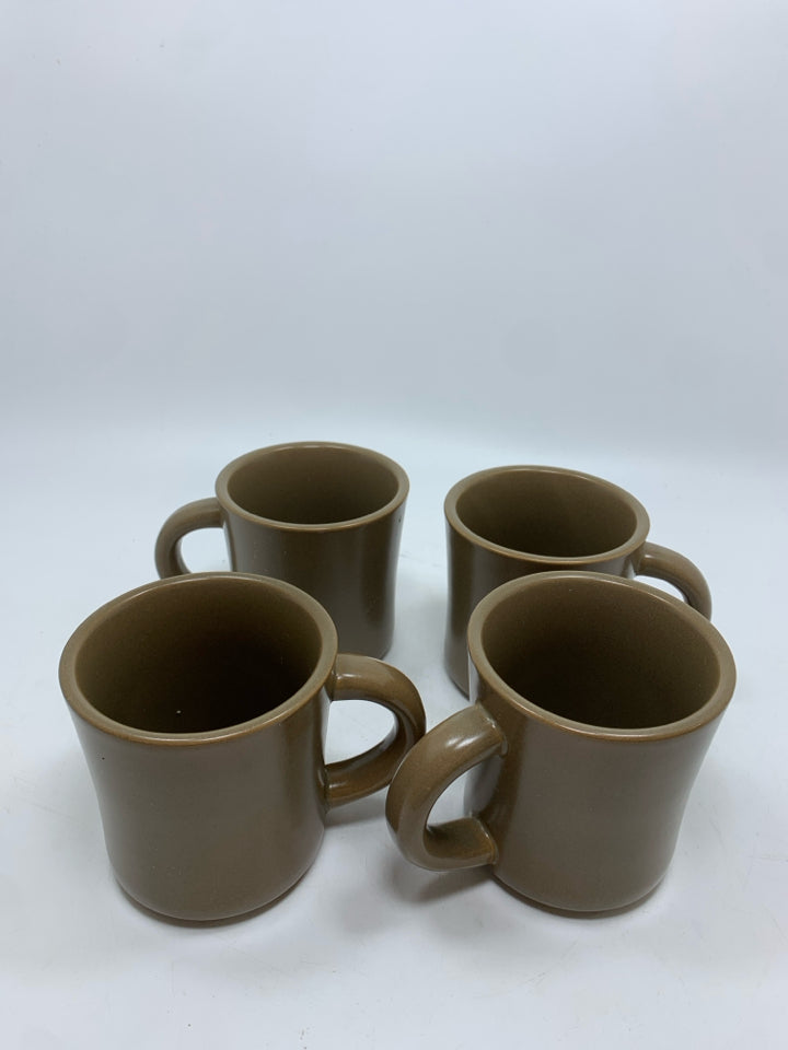 4 BROWN STONEWARE MUGS.
