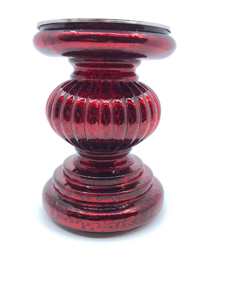 RED MERCURY GLASS LIGHT UP PILLAR CANDLE HOLDER.