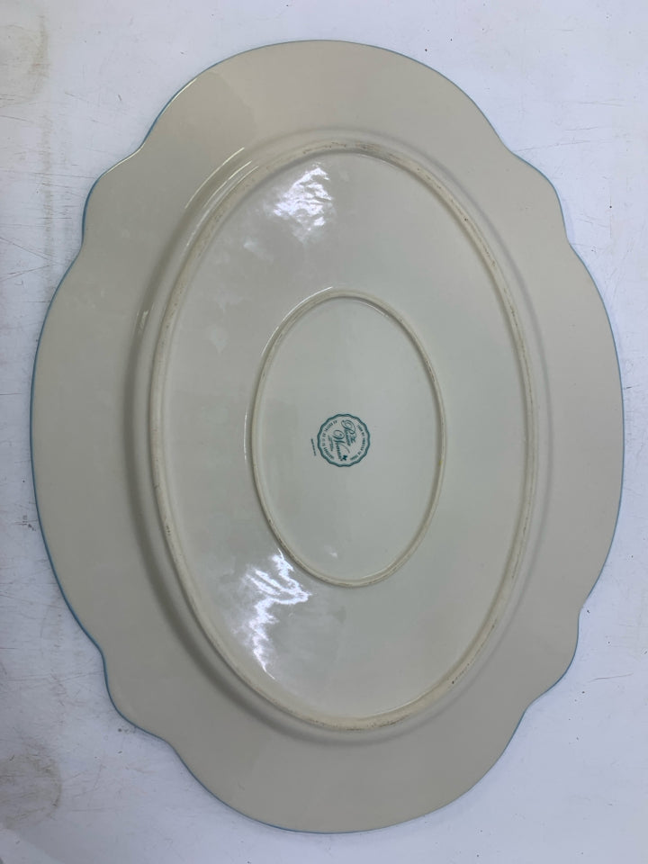 LARGE RE,BLUE FLORAL BEADED EDGE SERVING PLATTER.