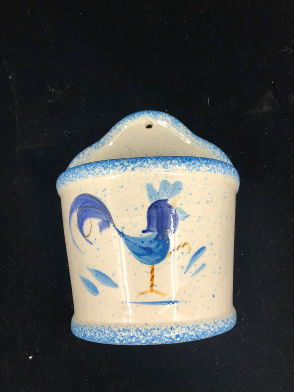 BLUE AND WHITE SPECKLED ROOSTER WALL POCKET.