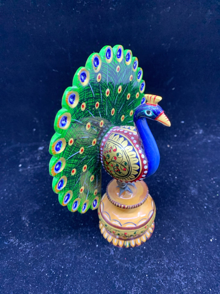 WOOD CARVED PAINTED PEACOCK.