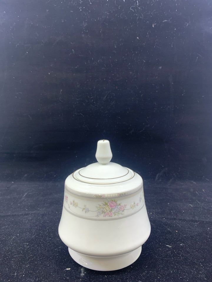 GREY FLORAL SUGAR BOWL.