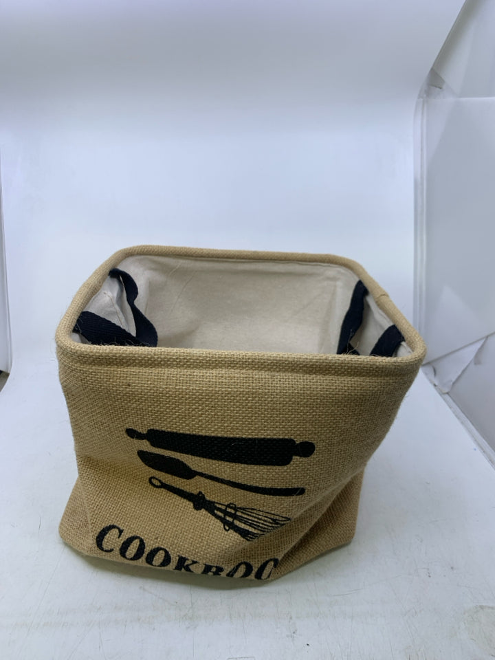 BURLAP FABRIC COOKBOOKS BASKET.