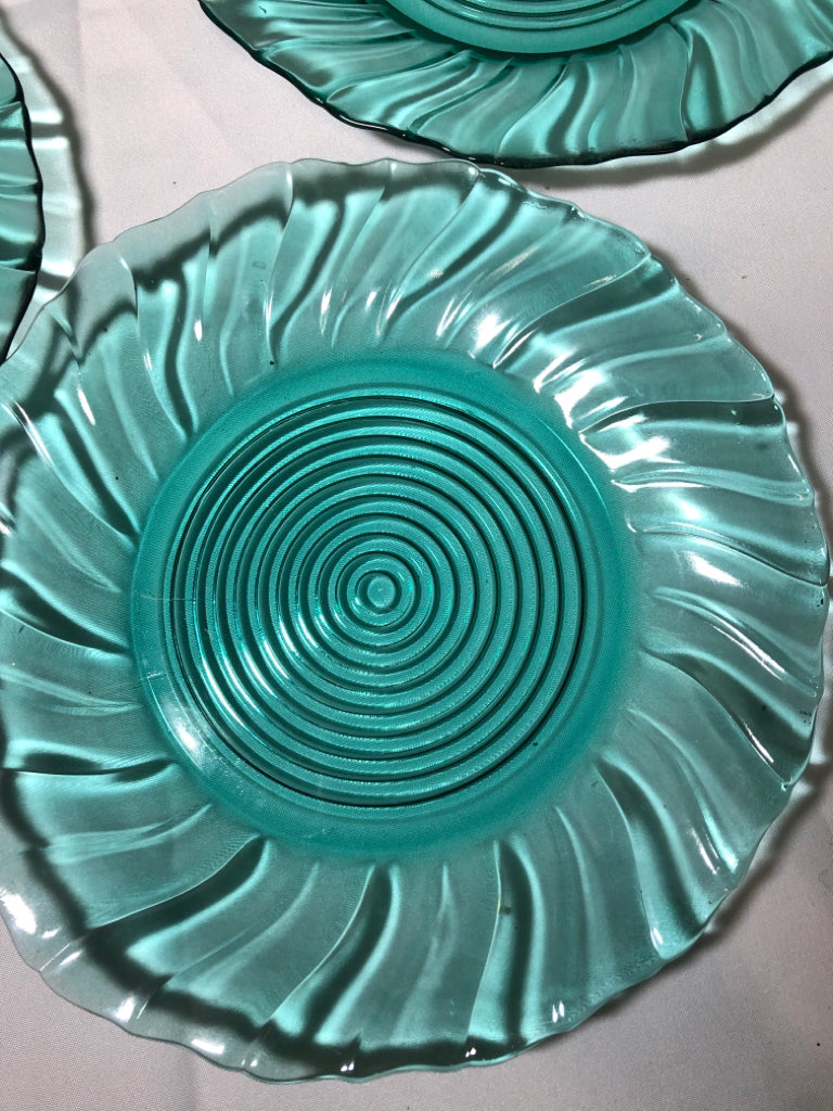 4 TEAL TEXTURED GLASS PLATES.