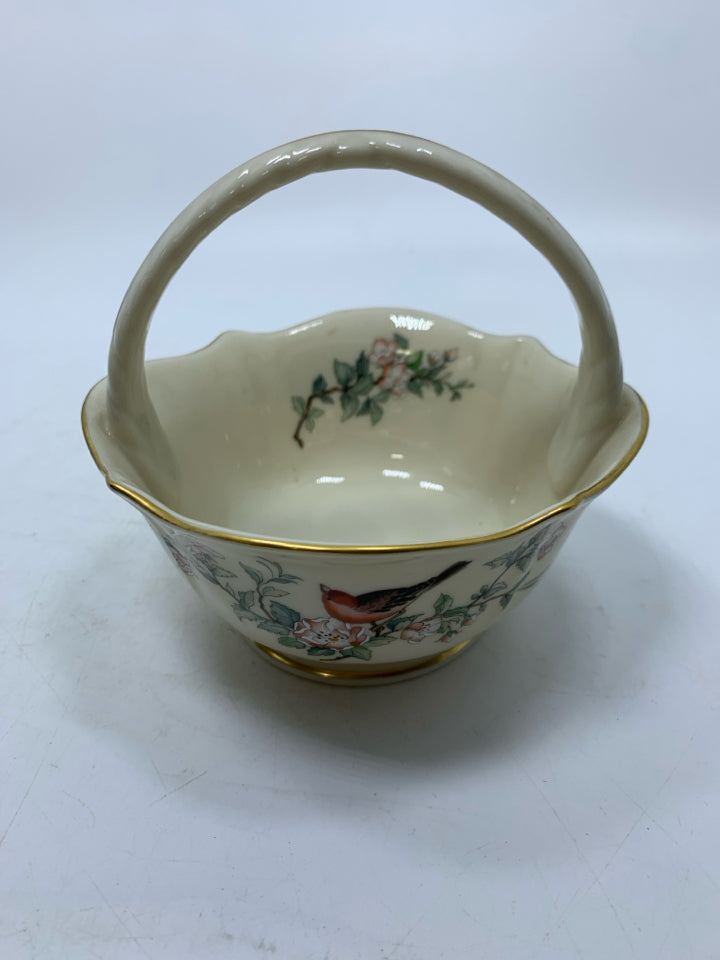 PORCELAIN BASKET W/ BIRD & FLOWERS SERENADE PATTERN.