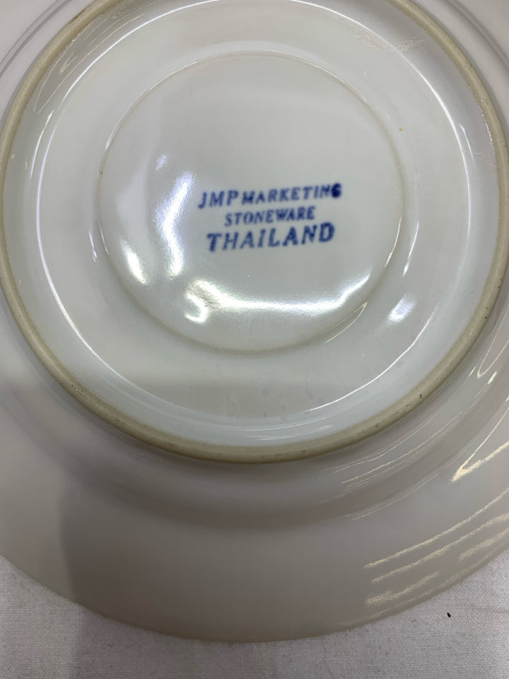 16PC WHITE & PINK FLORAL DISH SET W/BLUE RIM.