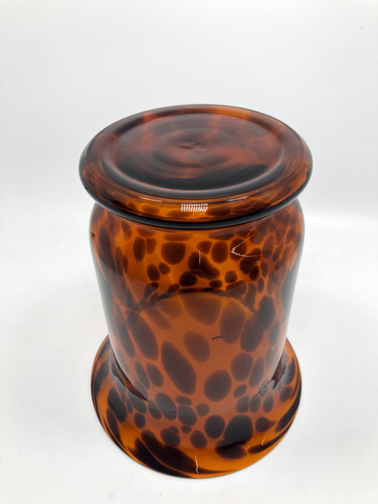 BROWN SPOTTED HURRICANE VASE.